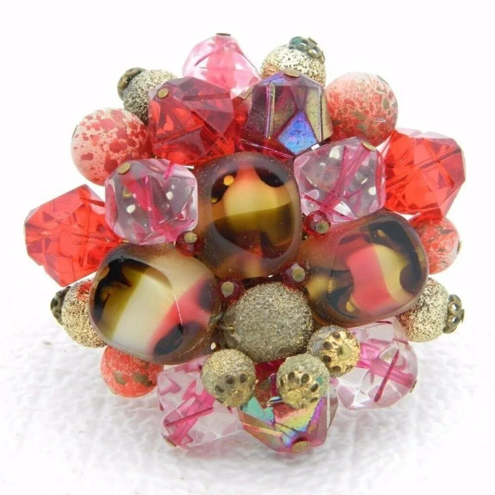 VTG WESTERN GERMANY Gold Tone Pink Red Glass Bead